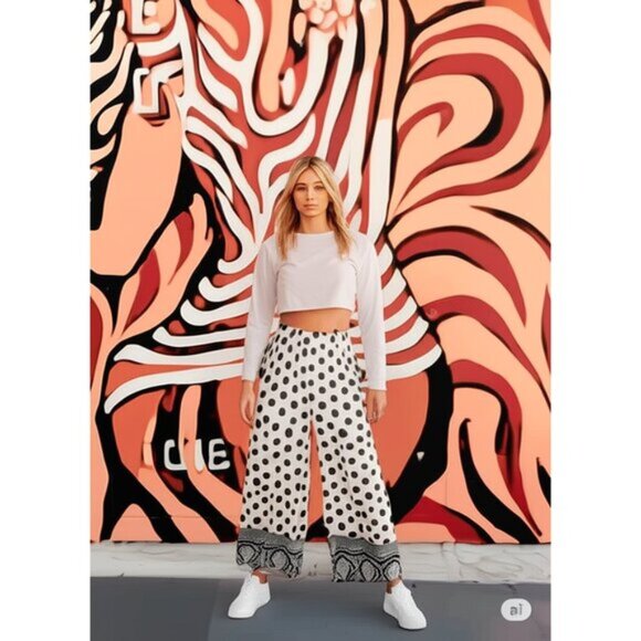 EUC Julietta ecru & black polka dot & floral jacquard print pleated culottes M L - Picture 1 of 6